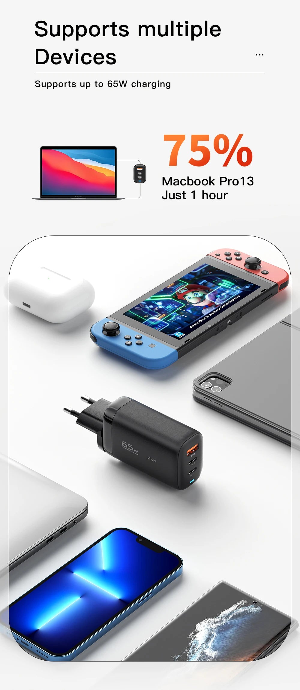 Chargeur rapide GaN 65W USB-C | Adaptateur secteur pour ordinateur portable et téléphone – ZAIYNE