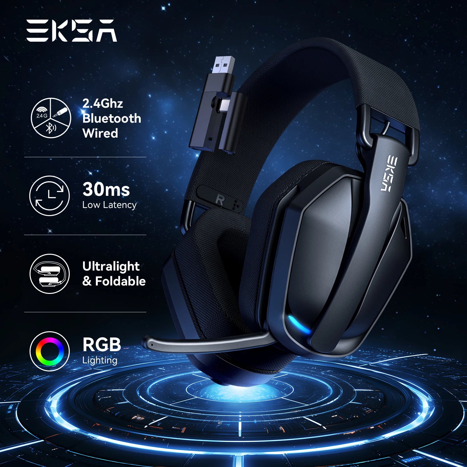 Casque Gaming RVB sans fil ZAIYNE G19X | Ultra-léger | Faible latence de 30 ms