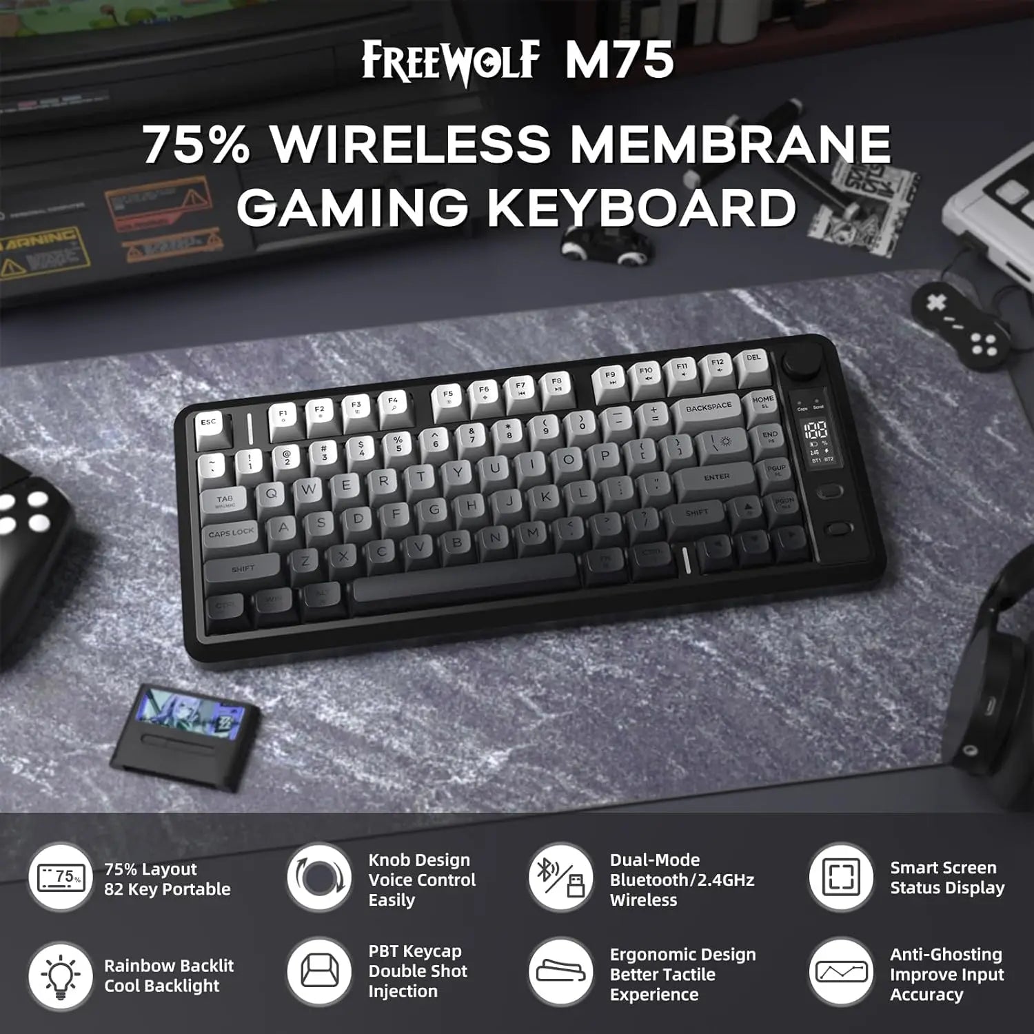 Clavier Gaming M75 Sans Fil RGB – Disposition 75 %, Écran OLED, Contrôle par Molette, Bluetooth + 2.4GHz