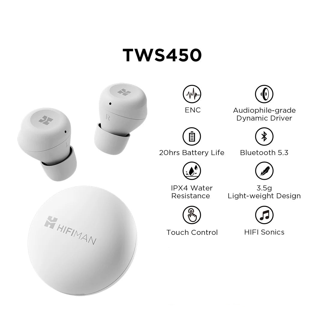 Écouteurs sans fil HIFIMAN TWS450 – Suppression du bruit, transducteur dynamique Audiophile, casque Bluetooth