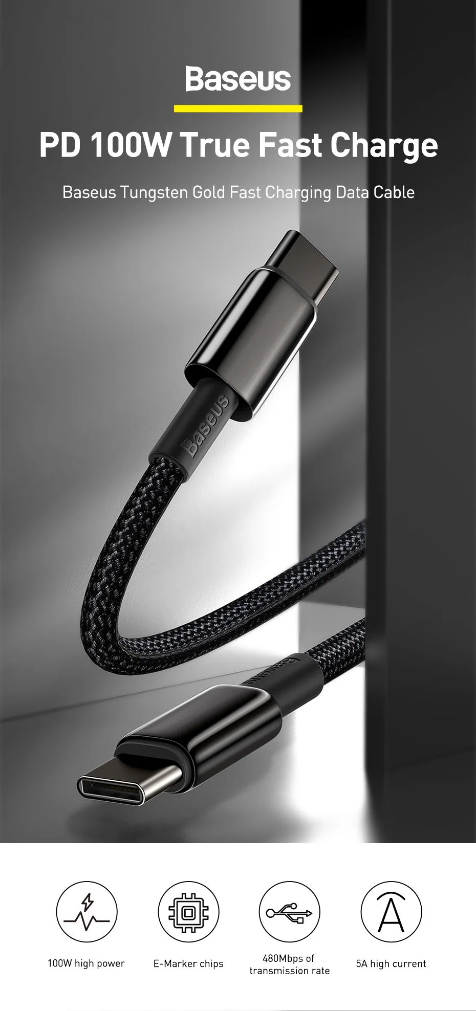 Kabel ZAIYNE USB-C do USB-C do szybkiego ładowania (100 W)