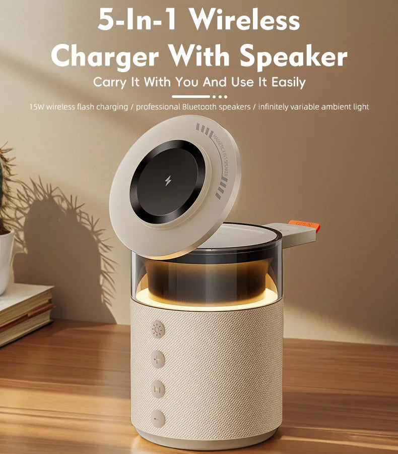 Station de recharge sans fil magnétique 5-en-1 avec haut-parleur Bluetooth et veilleuse