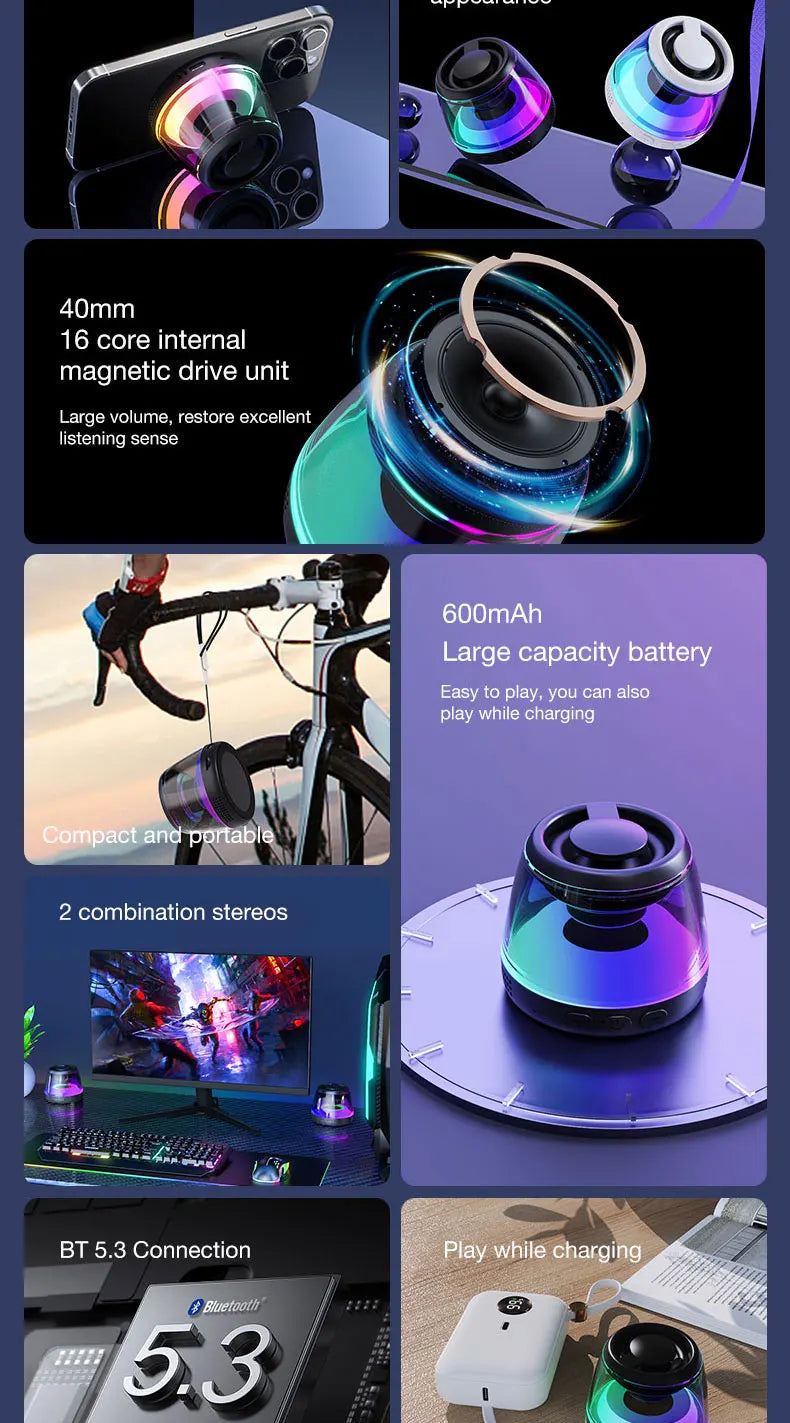 Mini-enceinte Bluetooth RVB G200 – Basses magnétiques, 7h d'autonomie, support de téléphone
