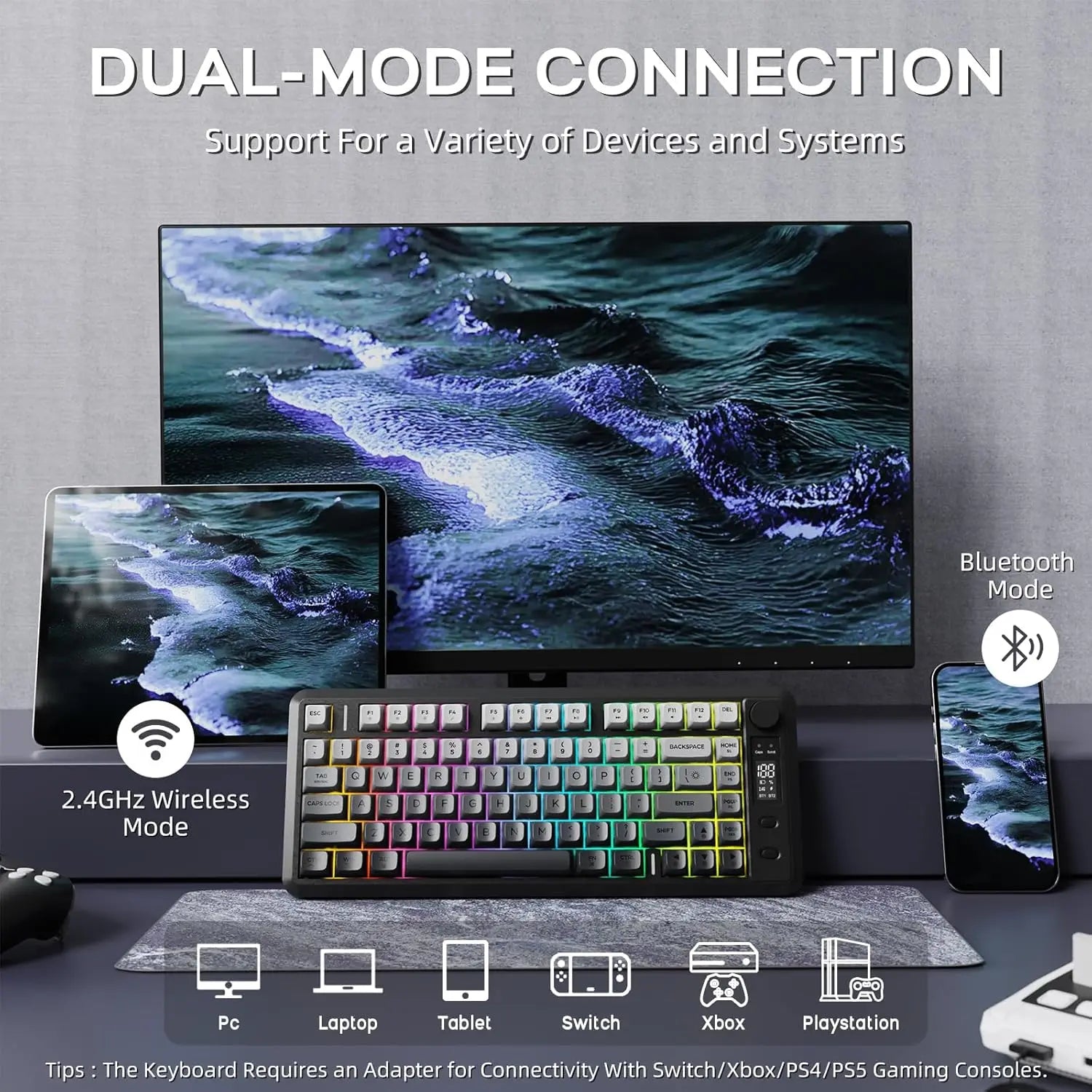 Clavier Gaming M75 Sans Fil RGB – Disposition 75 %, Écran OLED, Contrôle par Molette, Bluetooth + 2.4GHz