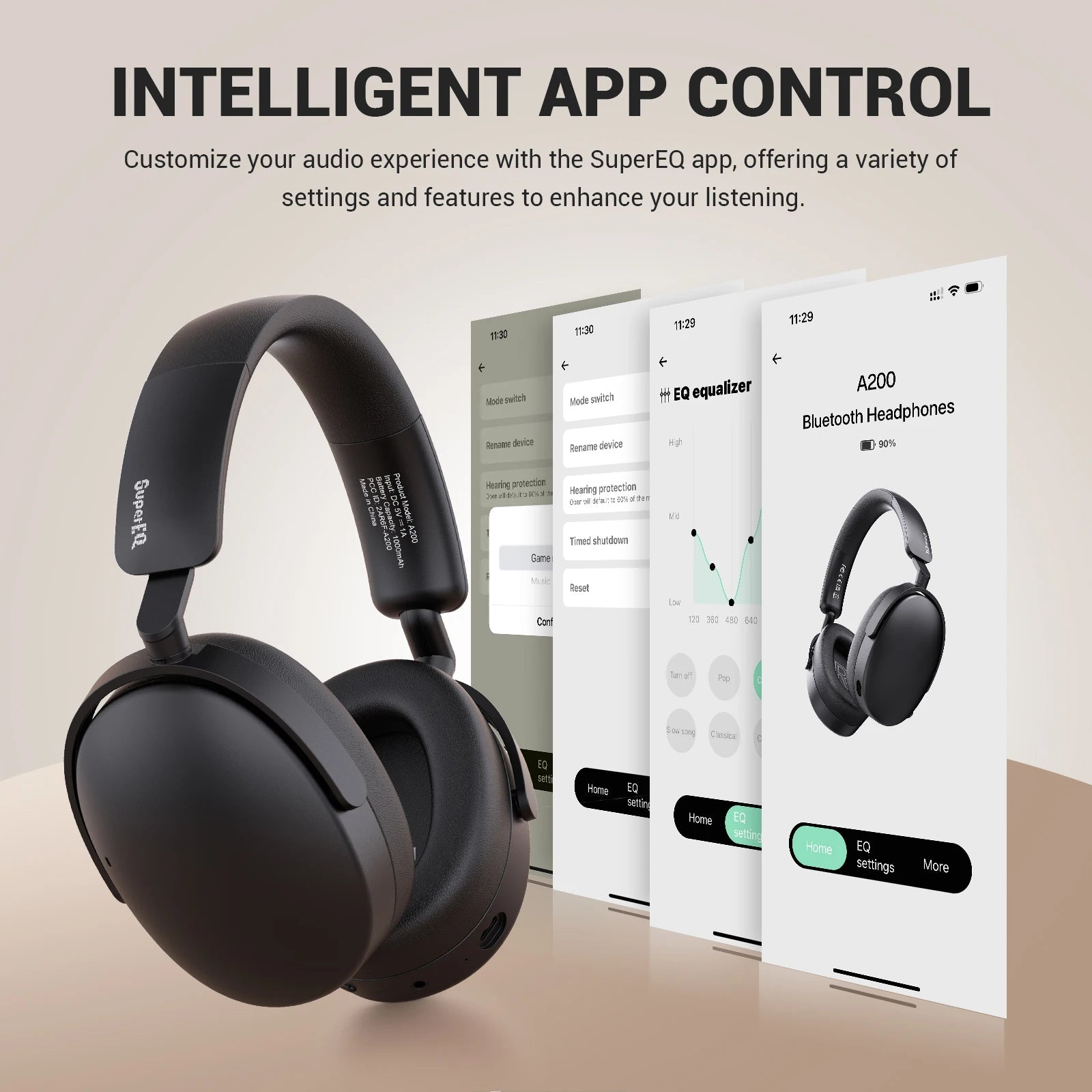 Casque sans fil SuperEQ A200 – ANC hybride, audio haute résolution, 100 h d'autonomie