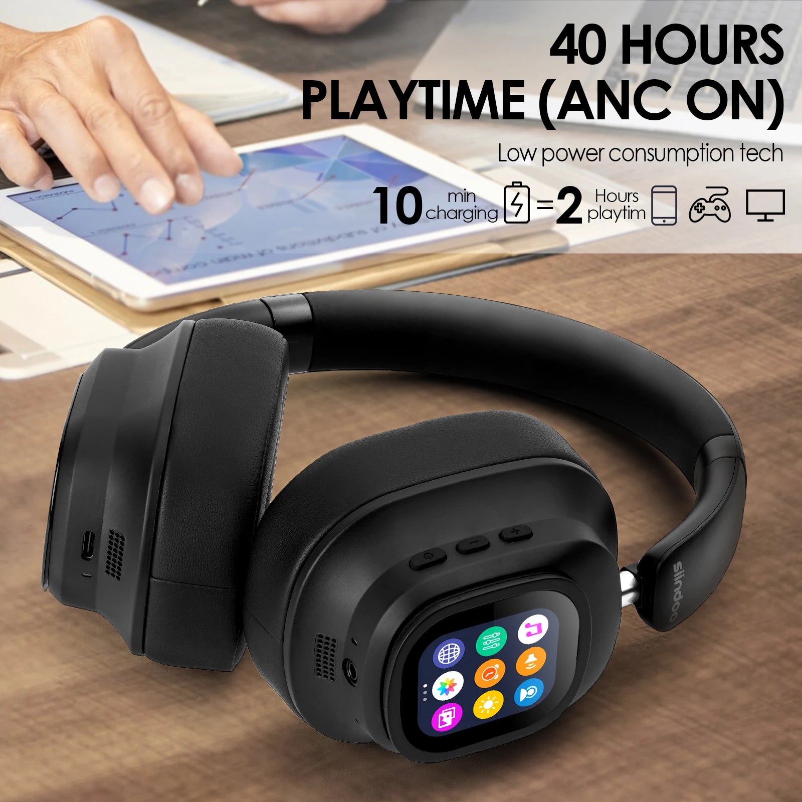 Casque sans fil Siindoo JH-ANC930Plus avec affichage LED intelligent – Noir