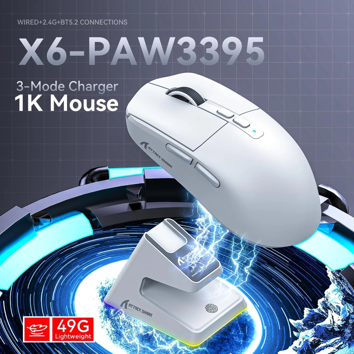 Souris de jeu sans fil ultra-légère ZAIYNE X6 Pro – 49g, capteur PAW3395, station de charge magnétique RGB