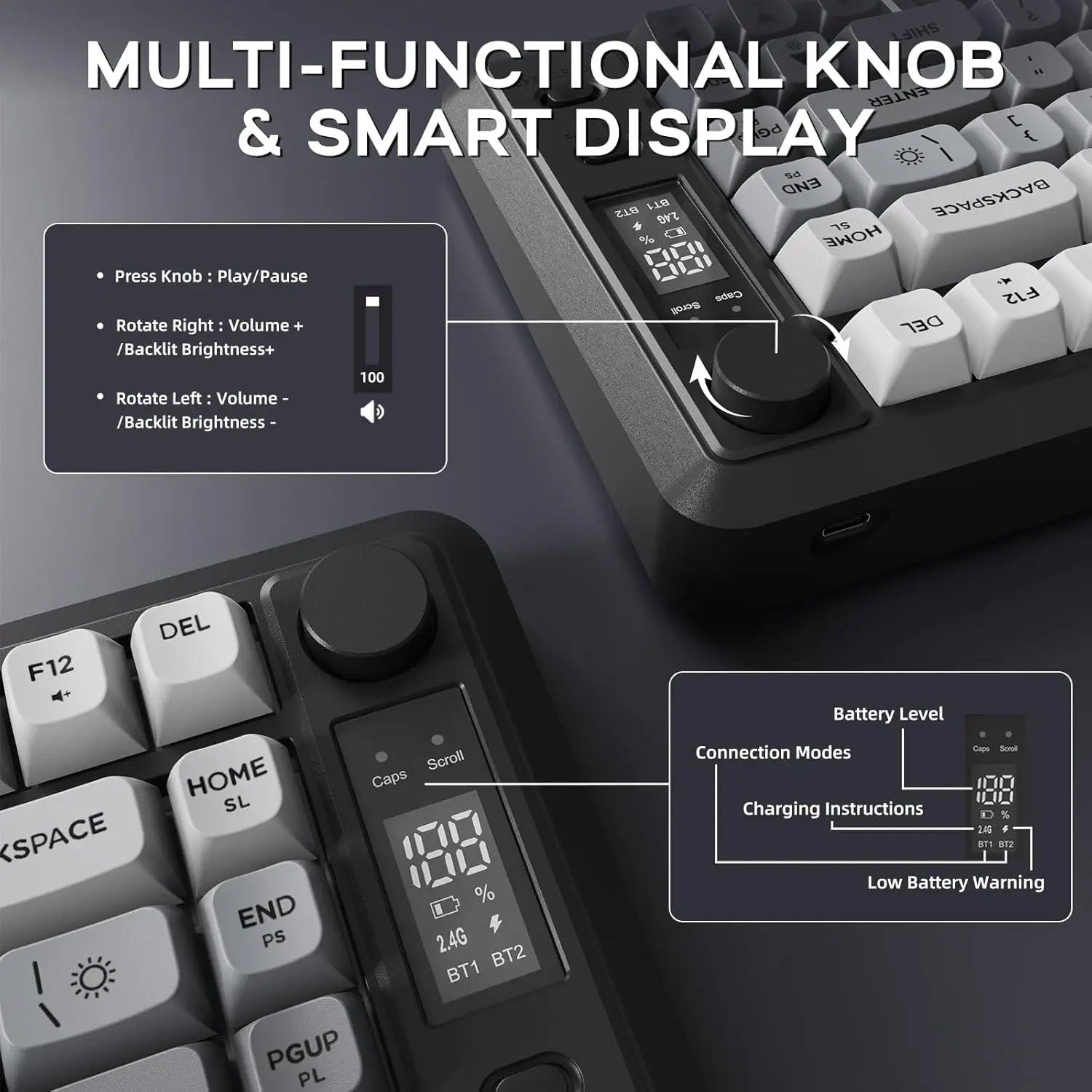 Clavier Gaming M75 Sans Fil RGB – Disposition 75 %, Écran OLED, Contrôle par Molette, Bluetooth + 2.4GHz