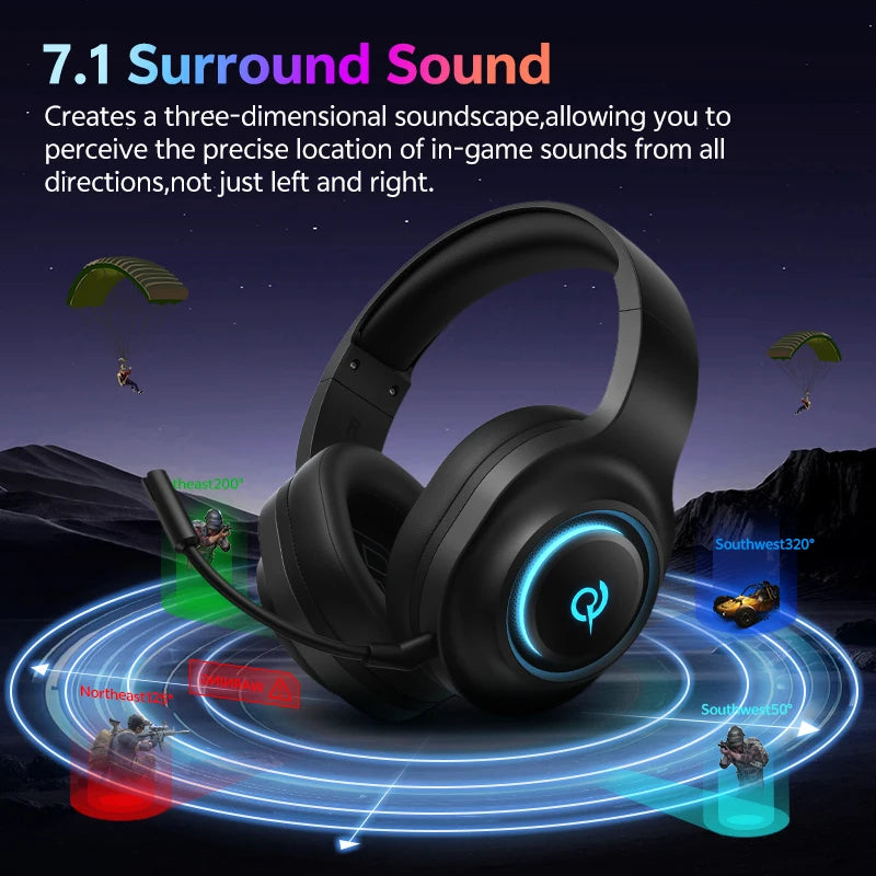 Casque sans fil RVB ZAIYNE Vortex – Son surround 7.1, suppression du bruit, casque Bluetooth supra-auriculaire