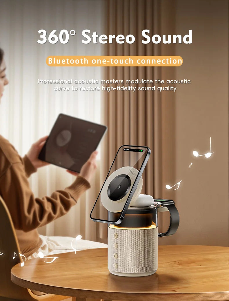 Station de recharge sans fil magnétique 5-en-1 avec haut-parleur Bluetooth et veilleuse