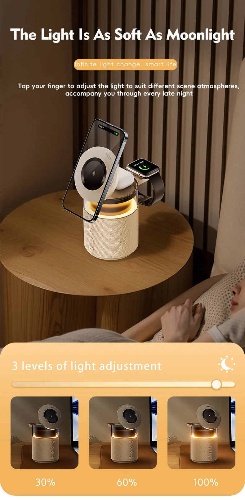Station de recharge sans fil magnétique 5-en-1 avec haut-parleur Bluetooth et veilleuse