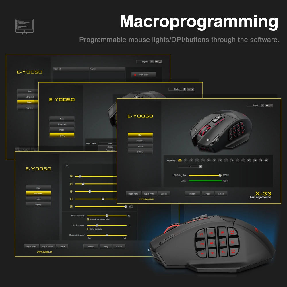 ZAIYNE X33 Pro – Souris MMO sans fil RVB | 16 boutons | 16000 DPI