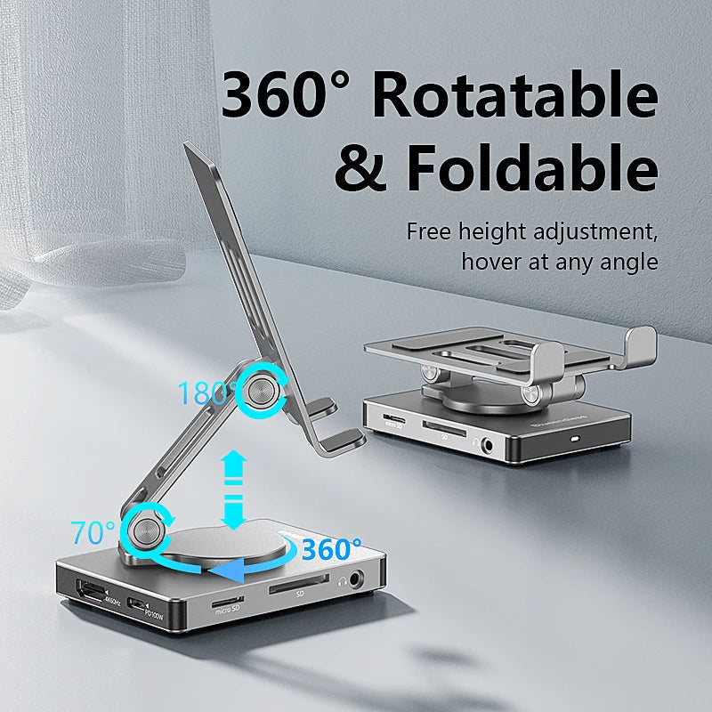 8-in-1 Adjustable Phone Stand with USB-C Hub – 4K HDMI, PD