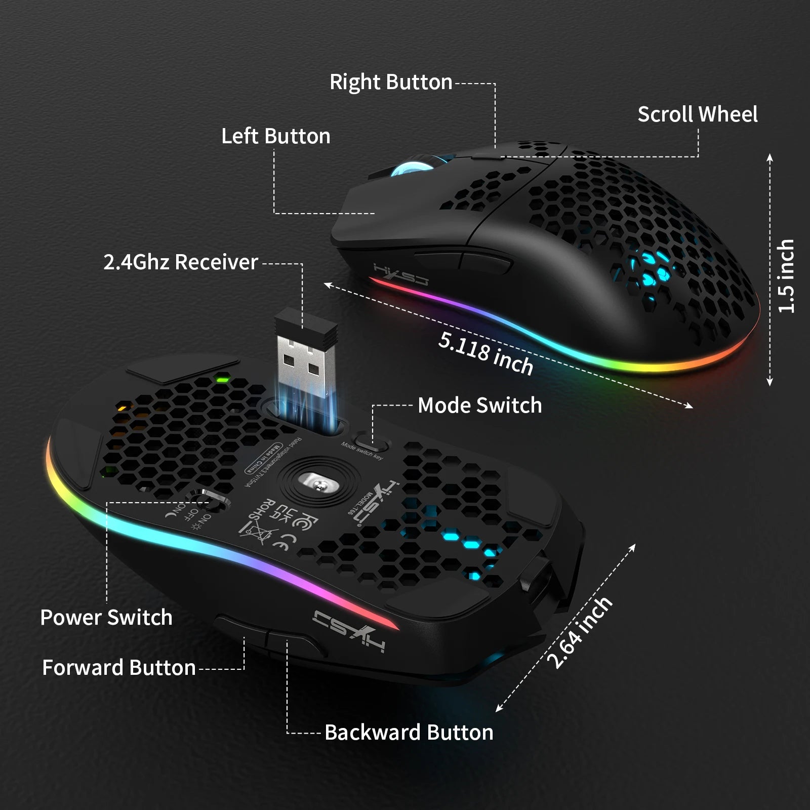 Souris de jeu sans fil RVB ZAIYNE T66 – Coque alvéolée, Macro programmable, Batterie 650 mAh