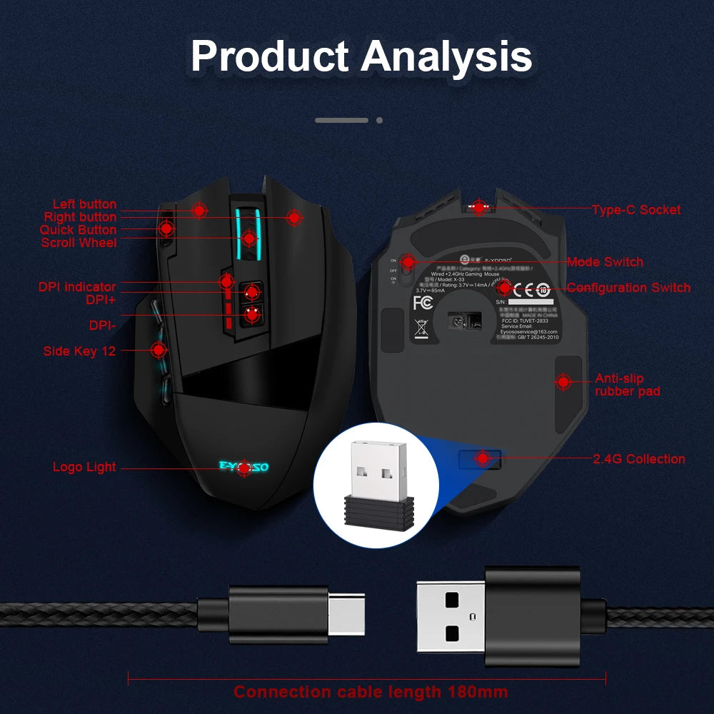 ZAIYNE X33 Pro – Souris MMO sans fil RVB | 16 boutons | 16000 DPI