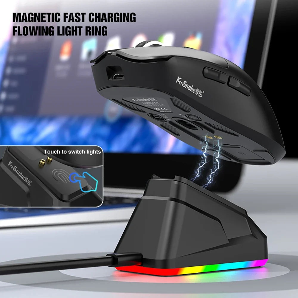 Mysz gamingowa ZAIYNE X11 bezprzewodowa RGB | Trzy tryby pracy | Magnetyczna stacja ładująca
