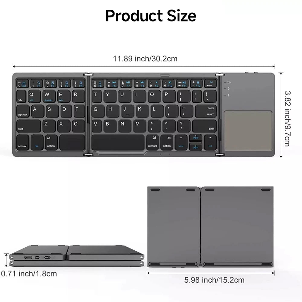 Mini clavier Bluetooth pliable avec pavé tactile – Clavier de voyage sans fil pliable en 3 pour Android/iOS/Windows | ZAIYNE