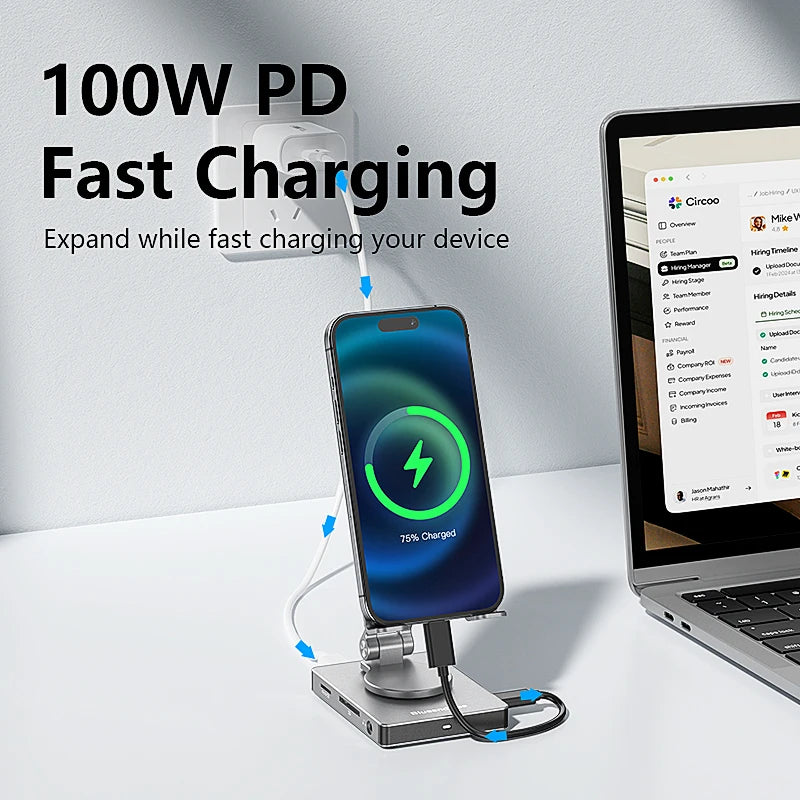 8-in-1 Adjustable Phone Stand with USB-C Hub – 4K HDMI, PD