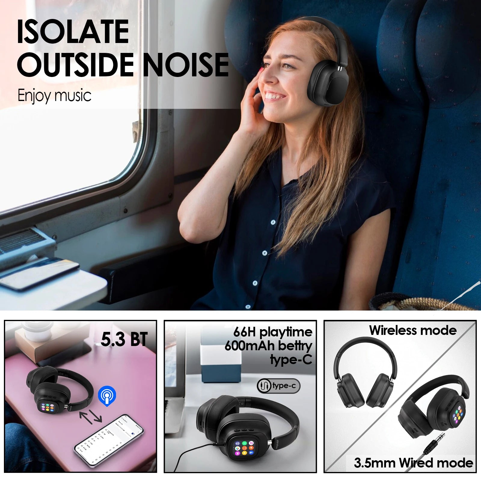 Casque sans fil Siindoo JH-ANC930Plus avec affichage LED intelligent – Noir