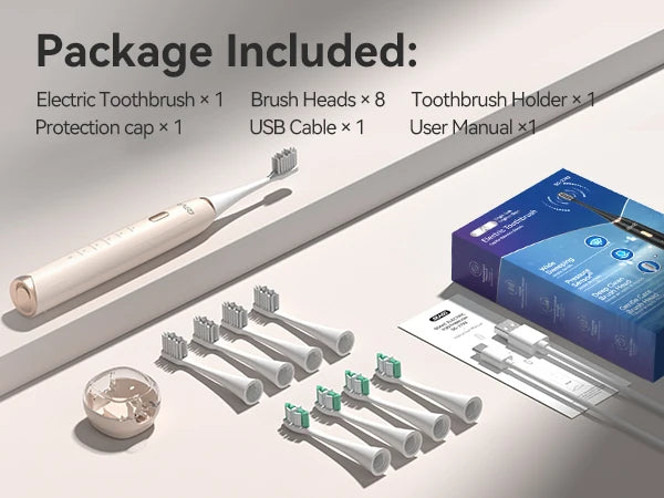 Brosse à dents électrique sonique – 8 têtes de rechange, capteur de pression et minuteur