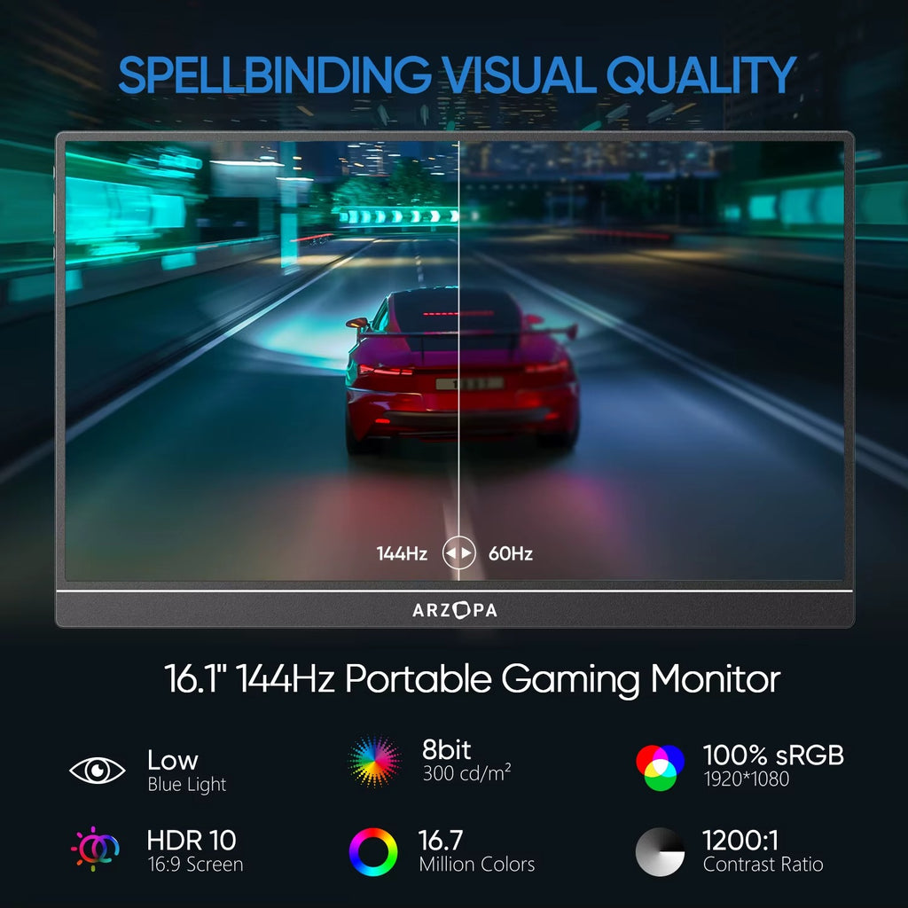 Moniteur portable 16,1" 144 Hz – Écran FHD 100% sRGB USB-C pour ordinateur portable, PS5, Steam Deck et Nintendo Switch | ZAIYNE