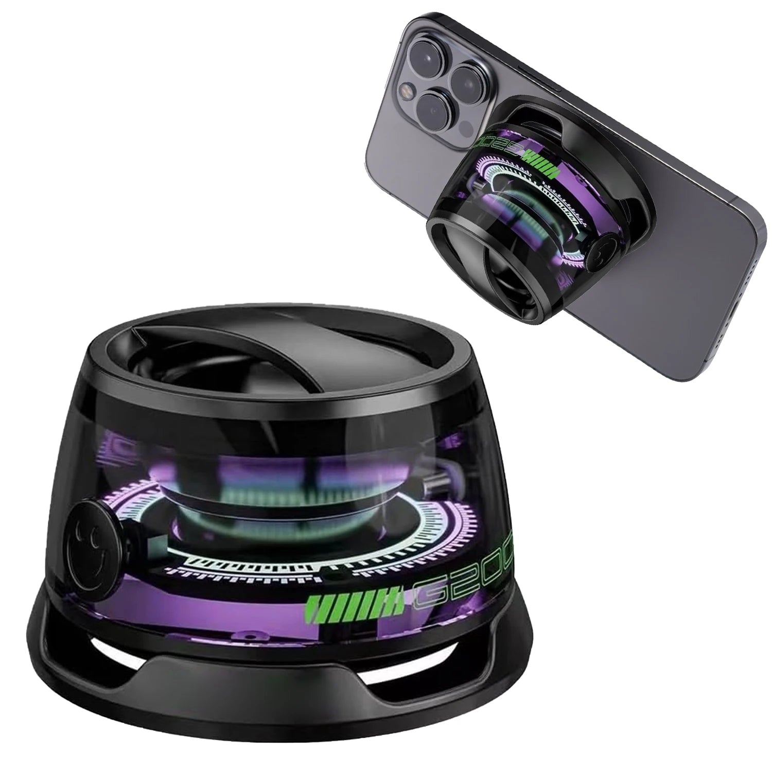 Mini-enceinte Bluetooth RVB G200 – Basses magnétiques, 7h d'autonomie, support de téléphone