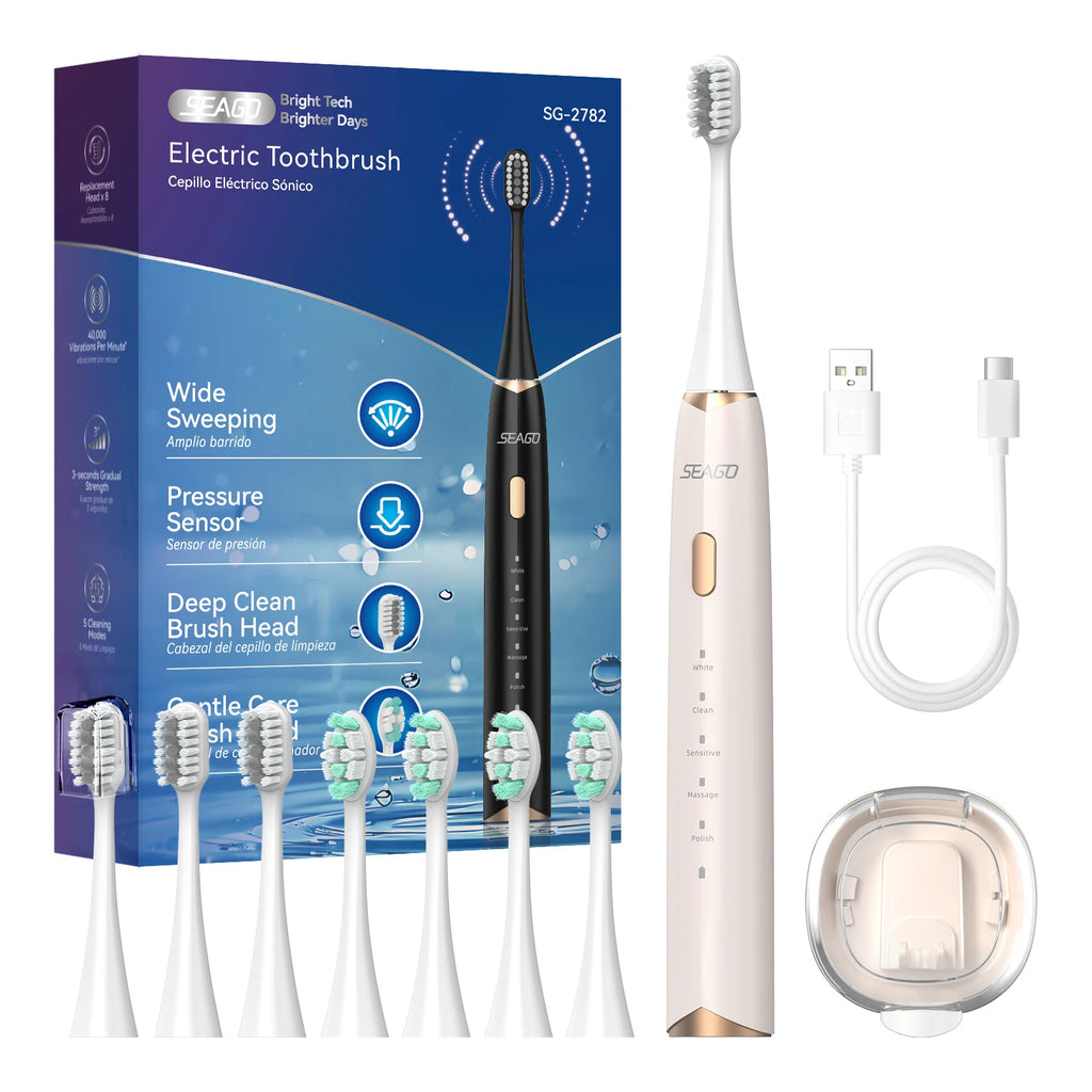 Brosse à dents électrique sonique – 8 têtes de rechange, capteur de pression et minuteur