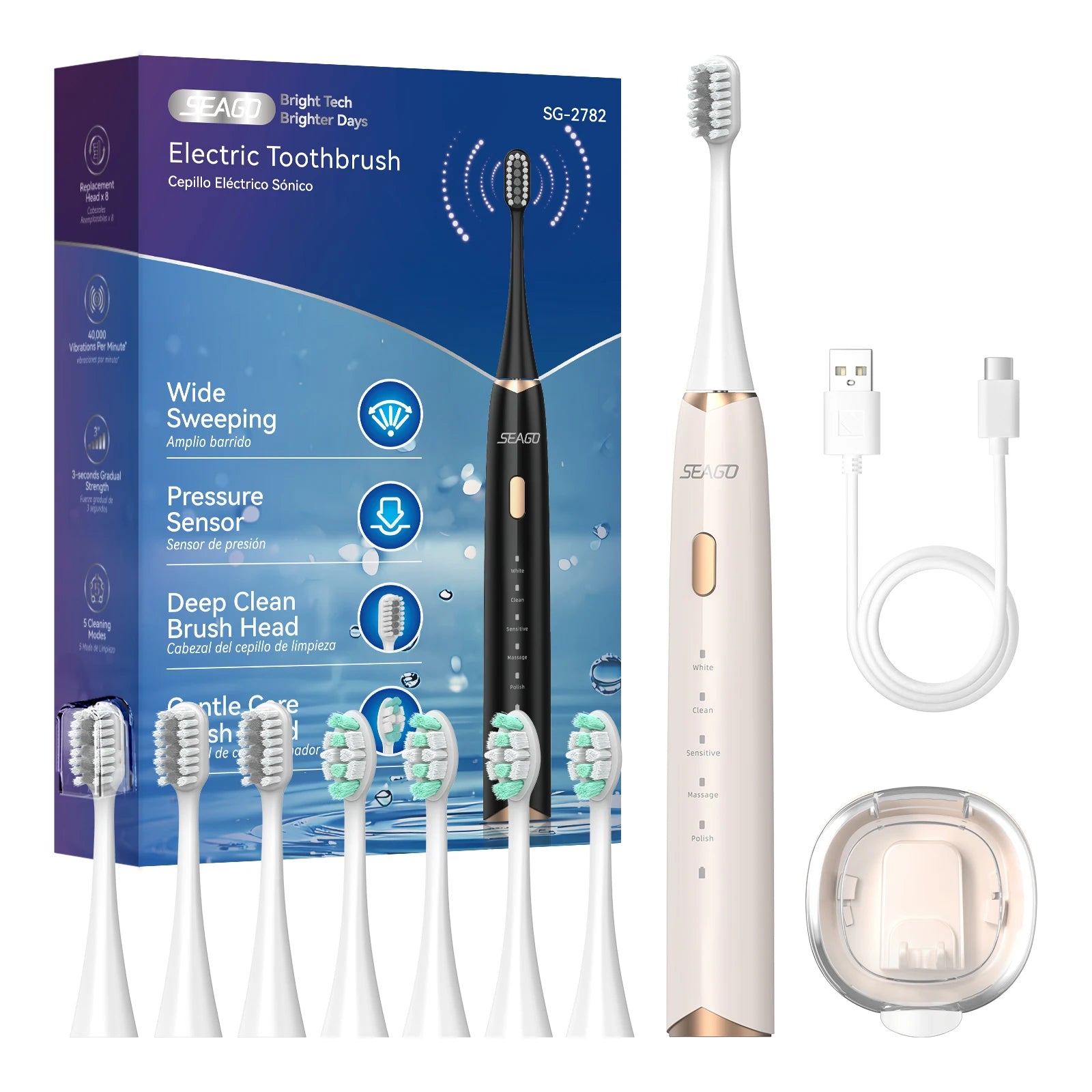 Brosse à dents électrique sonique – 8 têtes de rechange, capteur de pression et minuteur