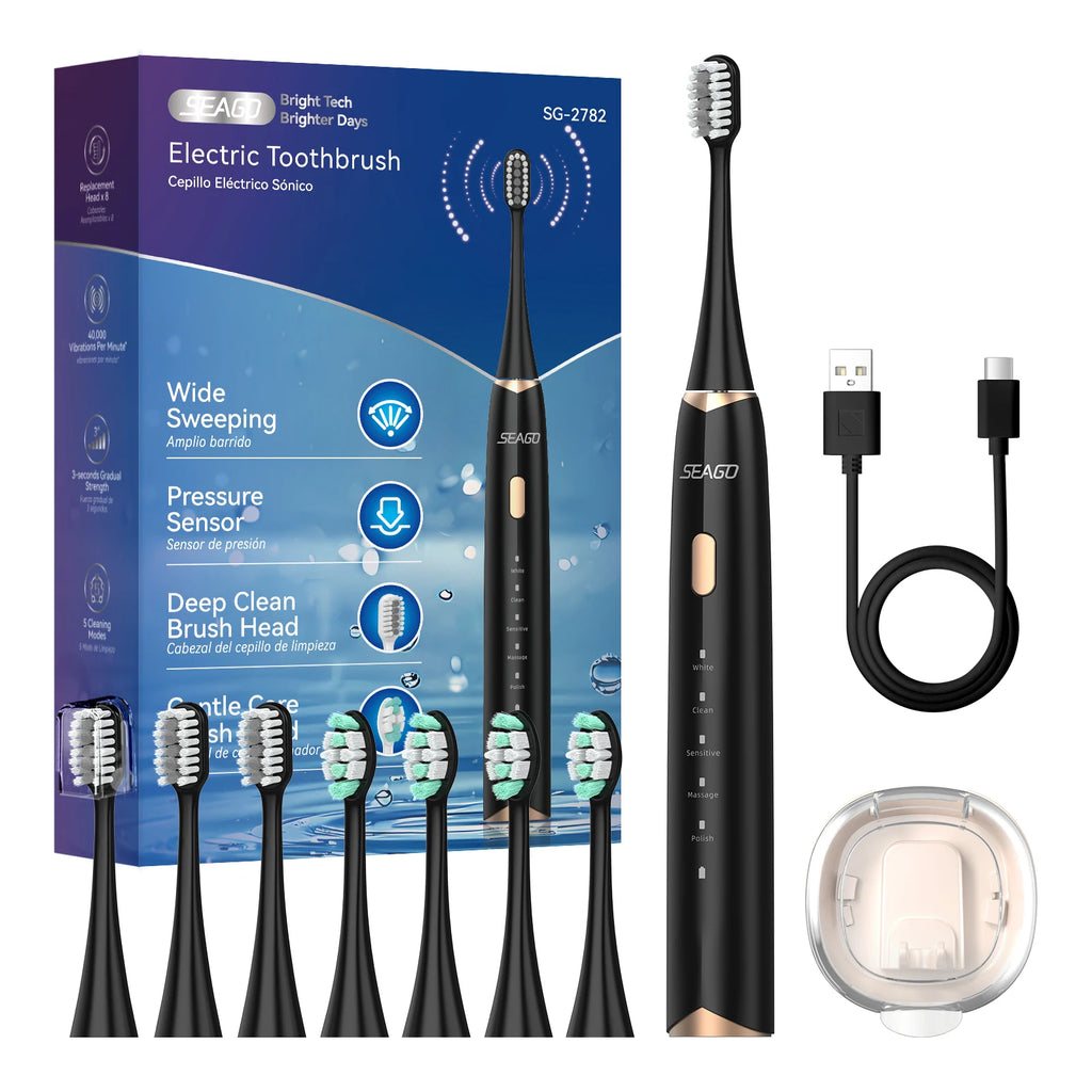 Brosse à dents électrique sonique – 8 têtes de rechange, capteur de pression et minuteur