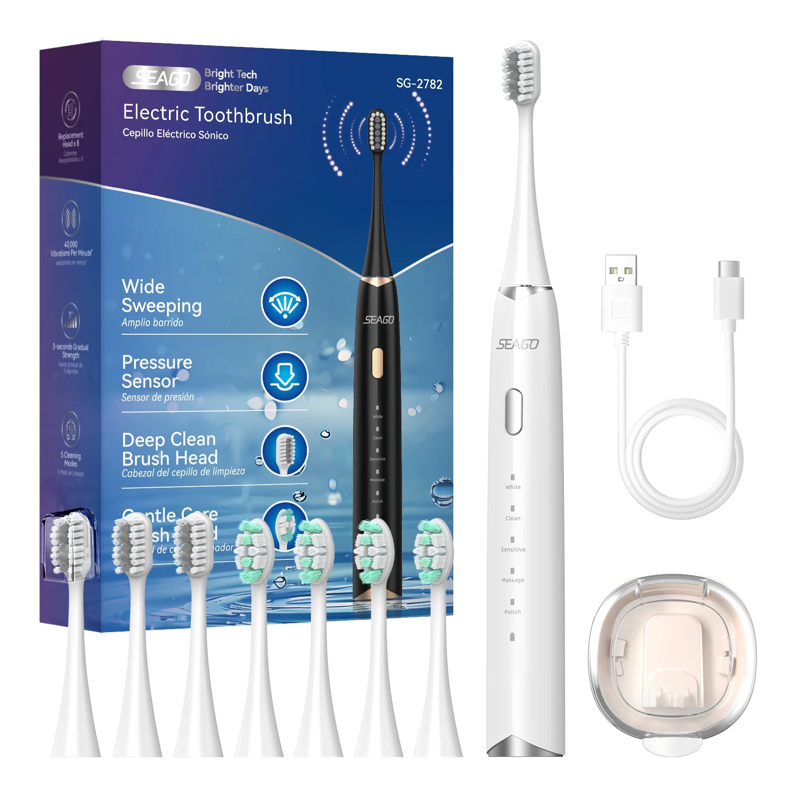 Brosse à dents électrique sonique – 8 têtes de rechange, capteur de pression et minuteur